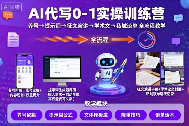 AI代写0-1实操训练营，从养号、提示词、征文演讲、学术文，到私域谈单的全流程教学-KJ分享