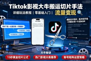 Tiktok影视大牛搬运切片手法,详细玩法教程-KJ分享