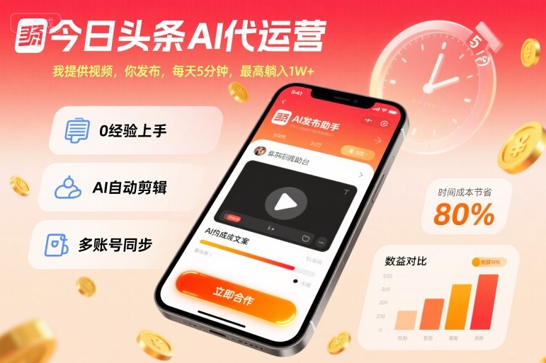 今日头条AI代运营，我提供视频，你发布，每天5分钟，最高躺入1W+-KJ分享