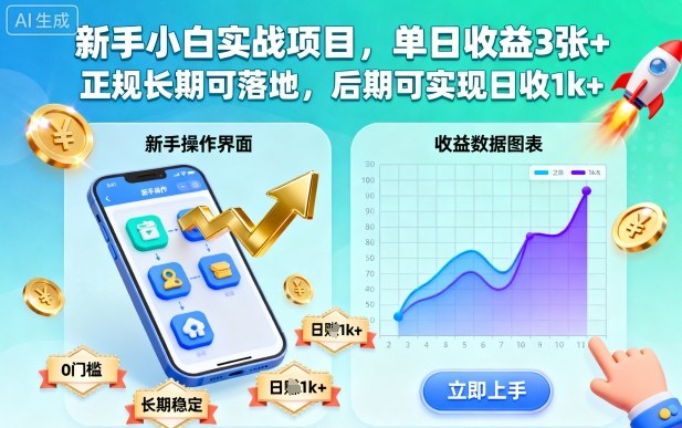 新手小白实战项目，单日收益3张+，正规长期可落地，后期可实现日收1k+-KJ分享