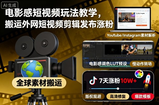 电影感短视频玩法教学，搬运外网短视频剪辑发布涨粉-KJ分享