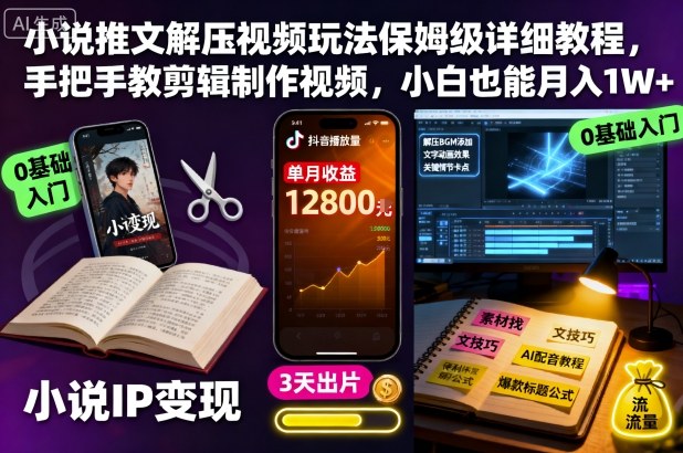 小说推文解压视频玩法保姆级详细教程,手把手教剪辑制作视频,小白也能月入1W+-KJ分享