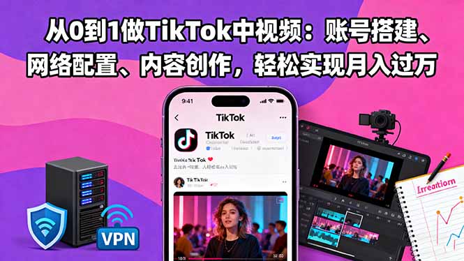 从0到1做TikTok中视频：账号搭建、网络配置、内容创作，轻松实现月入过万-KJ分享