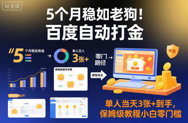 5个月稳如老狗！百度自动打金，单人当天3张+到手，保姆级教程小白零门槛-KJ分享