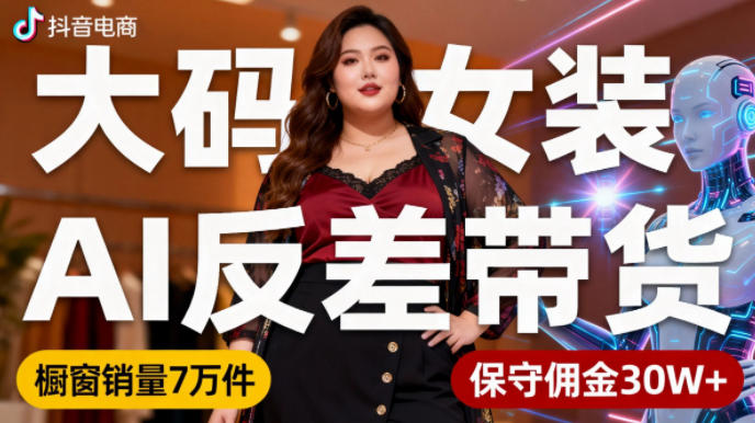 抖音小众赛道，大码女装AI反差带货，不用直播，每天6条作品，橱窗卖7万件，保守佣金30W+-KJ分享