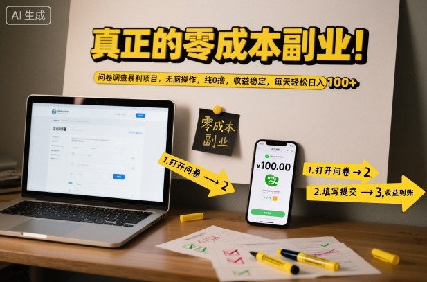 真正的零成本副业！问卷调查暴利项目，无脑操作，纯0撸，收益稳定，每天轻松日入100+-KJ分享