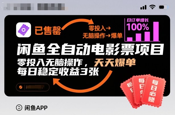 闲鱼全自动电影票项目，零投入无脑操作，天天爆单，每日稳定收益3张-KJ分享