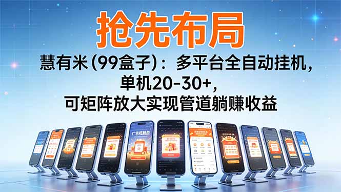 【抢先布局】慧有米（99盒子）：多平台全自动挂机，单机20-30+，可矩阵放大实现管道躺赚收益-KJ分享