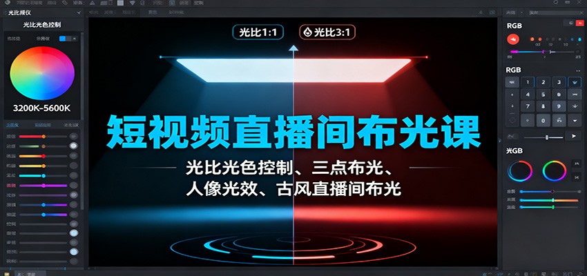 短视频直播间布光课：光比光色控制、三点布光、人像光效、古风直播间布光-KJ分享