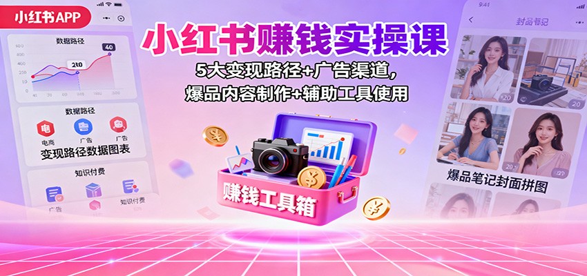 小红书赚钱实操课：5大变现路径+广告渠道，爆品内容制作+辅助工具使用-KJ分享