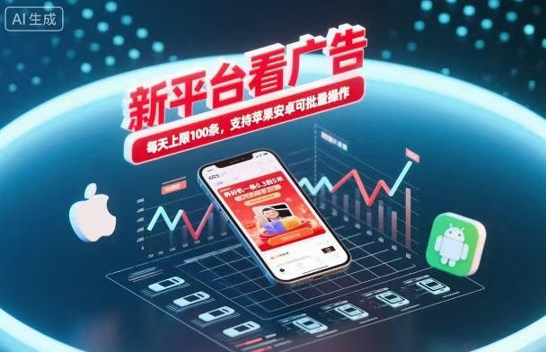 新台看广告，养好机一条5毛到5块，单机日入30到100，支持苹果安卓，可批量操作。-KJ分享