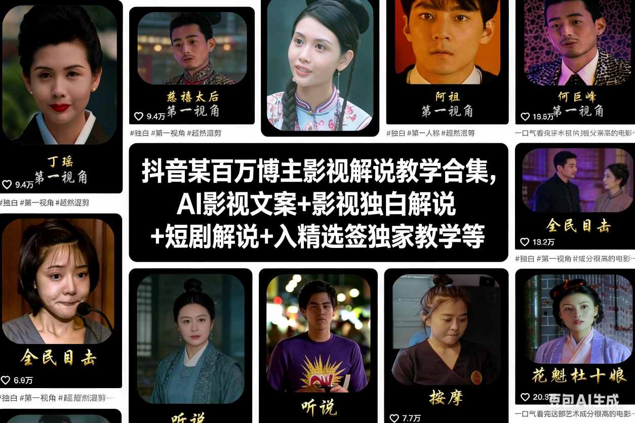 抖音某百万博主影视解说教学合集,AI影视文案+影视独白解说+短剧解说+入精选签独家教学等-KJ分享