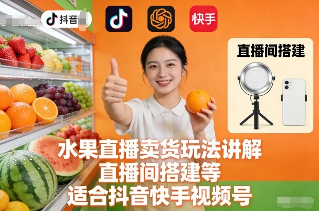水果直播卖货玩法讲解、直播间搭建等，适合抖音快手视频号-KJ分享