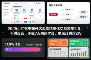 2025小红书电商开店卖货精细化实战教学2.0，不讲废话，小白7天快速学会，单店月利润2W-KJ分享