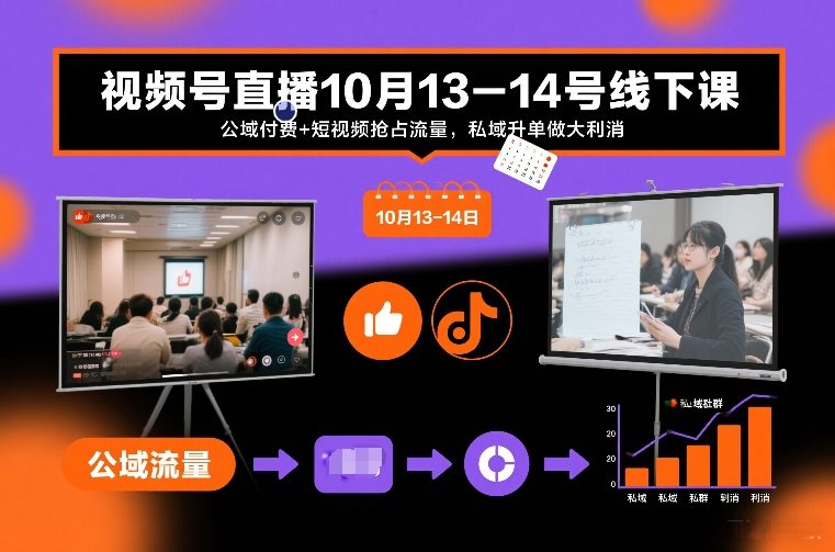 视频号直播10月13-14号线下课，公域付费+短视频抢占流量，私域升单做大利消-KJ分享