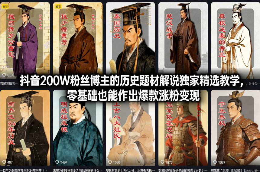 抖音200W粉丝博主的历史题材解说独家精选教学，零基础也能作出爆款涨粉变现-KJ分享