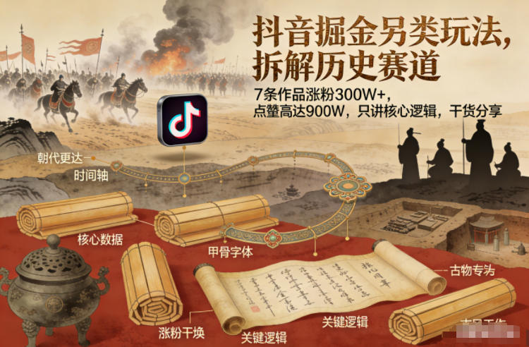 抖音掘金另类玩法，拆解历史赛道，7条作品涨粉300W+，点赞量高达900W，只讲核心逻辑，干货分享-KJ分享
