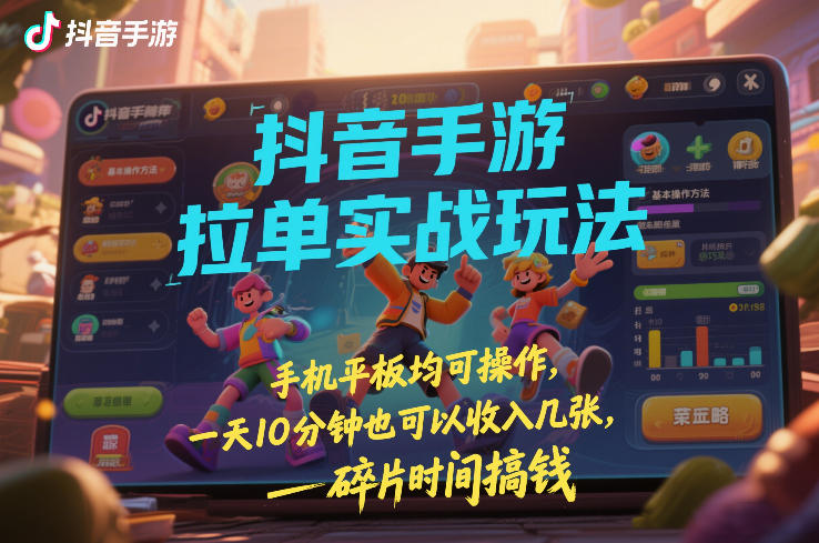 抖音手游拉单实战玩法，手机平板均可操作，一天10分钟也可以收入几张，碎片时间搞钱-KJ分享