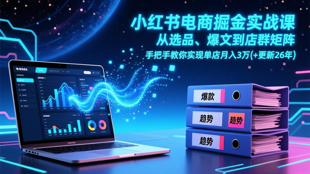 小红书电商掘金实战课，从选品、爆文到店群矩阵，手把手教你实现单店月入3万+(更新26年)-KJ分享