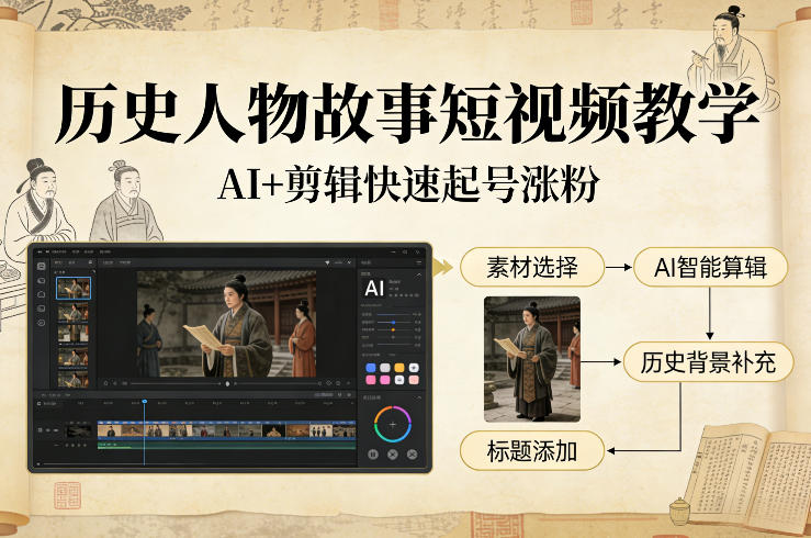 历史人物故事短视频教学，AI+剪辑制作历史人物题材短视频，快速起号涨粉-KJ分享