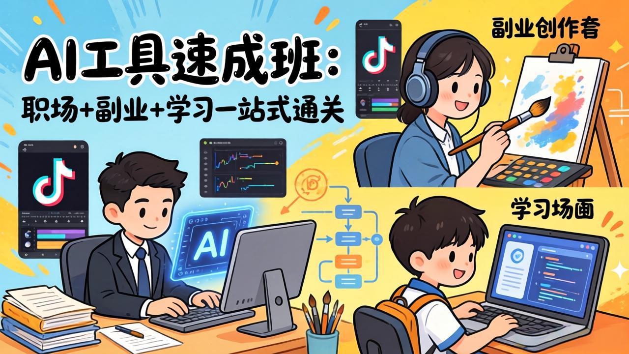 AI工具速成班：职场+副业+学习一站式通关，20+爆款类型+剪映技巧+抖音算法，0基础快速上手-KJ分享