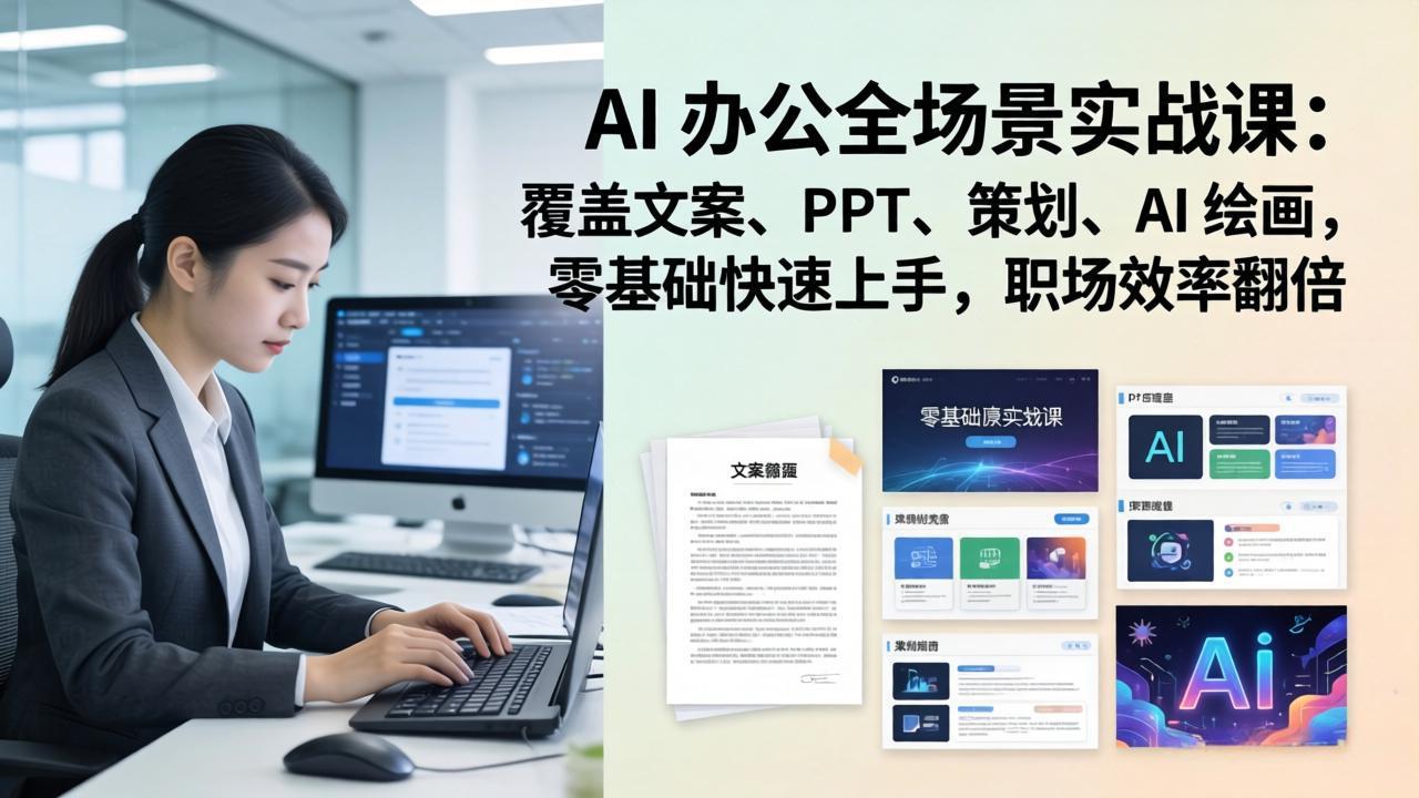 AI 办公全场景实战课：覆盖文案、PPT、策划、AI 绘画，零基础快速上手，职场效率翻倍-KJ分享