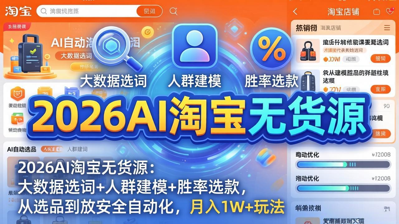 2026AI淘宝无货源：大数据选词+人群建模+胜率选款，从选品到放大全自动化，月入1W+玩法-KJ分享