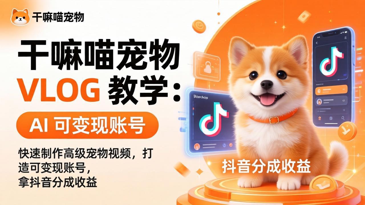 干嘛喵宠物 VLOG 教学：AI 快速制作高级宠物视频，打造可变现账号，拿抖音分成收益-KJ分享