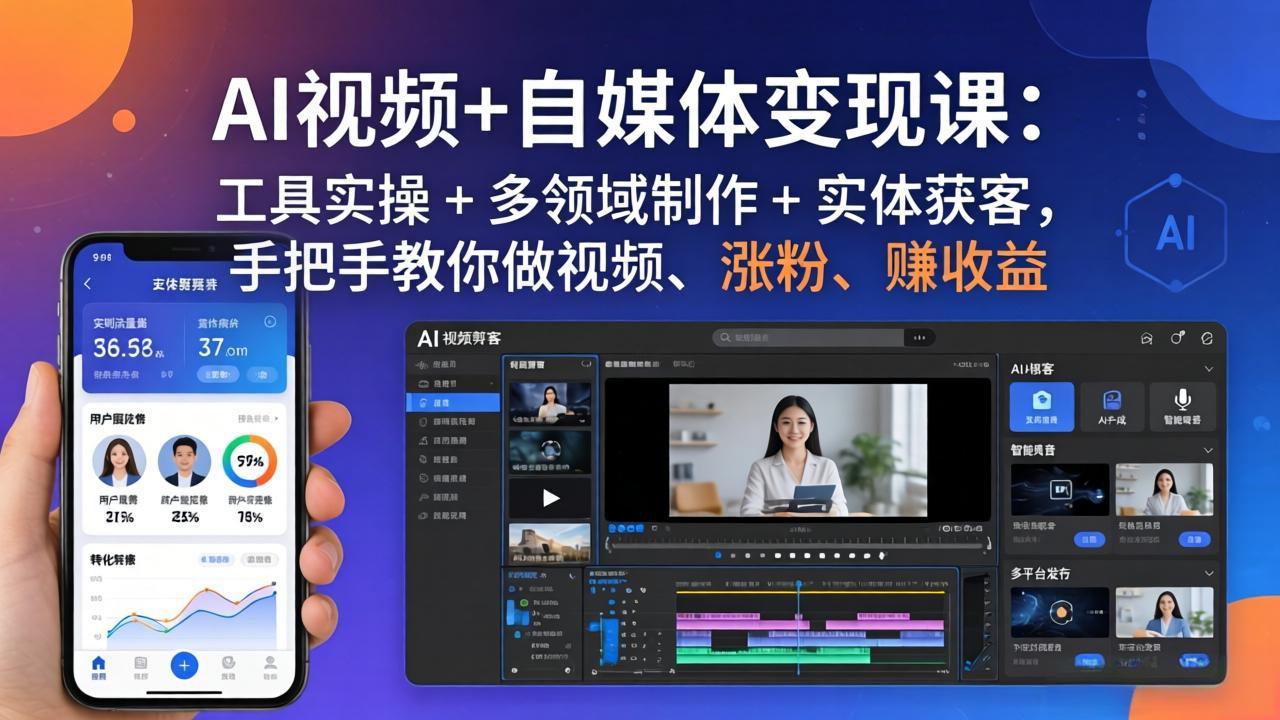 AI视频+自媒体变现课：工具实操 + 多领域制作 + 实体获客，手把手教你做视频、涨粉、赚收益-KJ分享