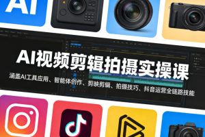 AI视频剪辑拍摄实操课，涵盖AI工具应用、智能体创作、剪映剪辑、拍摄技巧、抖音运营等全链路技能-KJ分享