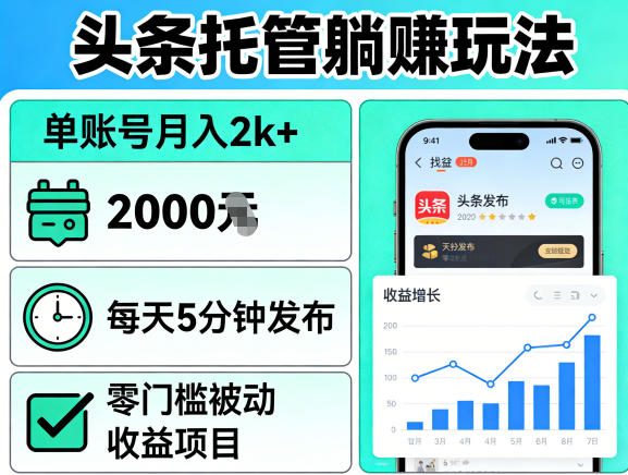 头条托管躺賺玩法，单账号月入2k+，每天5分钟发布即可，零门槛被动收益项目【揭秘】-KJ分享