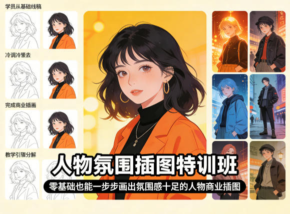 人物氛围插图特训班，零基础也能一步步画出氛围感十足的人物商业插图-KJ分享