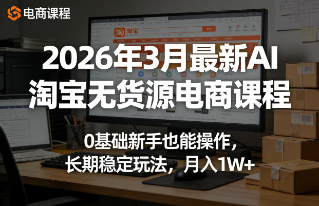 2026年3月最新AI淘宝无货源电商课程，0基础新手也能操作，长期稳定玩法，月入1W+(更新0410)-KJ分享
