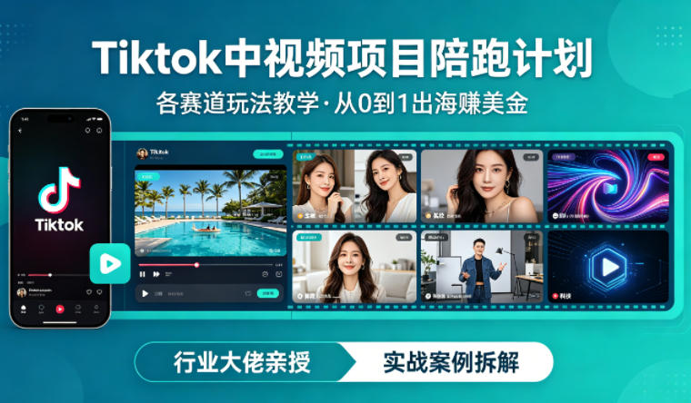 某大佬的Tiktok中视频项目陪跑，涵盖TK各个赛道玩法教学，从0到1出海賺美金-KJ分享