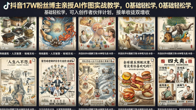 抖音17W粉丝博主亲授AI作图实战教学，0基础轻松学，可入创作者伙伴计划，接单收徒双增收-KJ分享