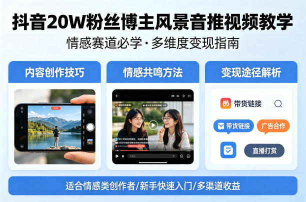 抖音20W粉丝博主风景音推视频教学，情感赛道必学，各种变现途径-KJ分享