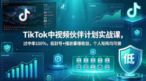 TikTok中视频伙伴计划实战课，过中率100%，低封号+播放量賺收益，个人矩阵均可做-KJ分享