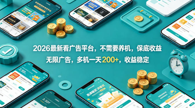 2026最新看广告平台，不需要养机，保底收益，无限广告，多机一天200+，收益稳定【揭秘】-KJ分享