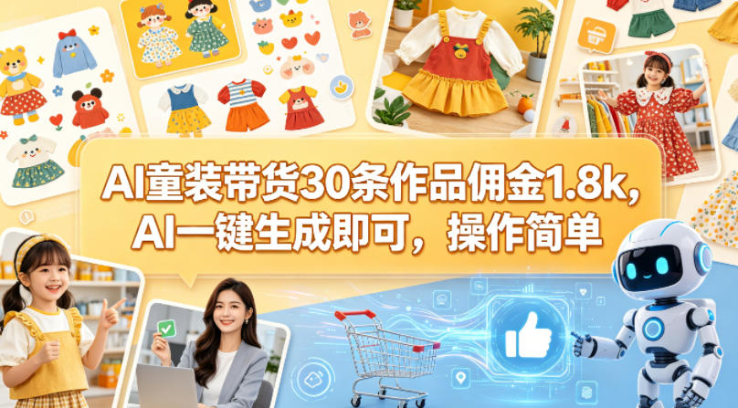 AI童装带货30条作品佣金1.8k，AI一键生成即可，操作简单-KJ分享