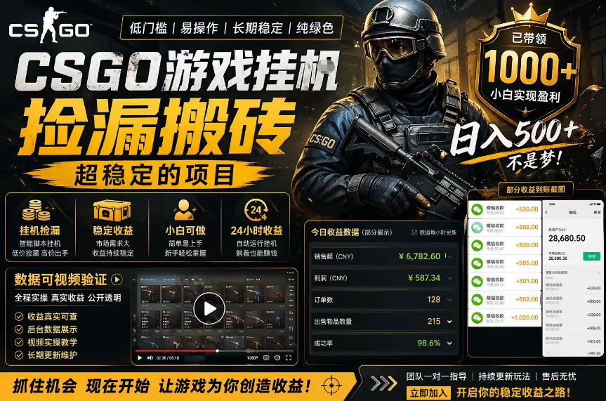 CSGO游戏搬砖，全自动挂G，不需要玩游戏，手机操作日入300+，解放双手【揭秘】-KJ分享