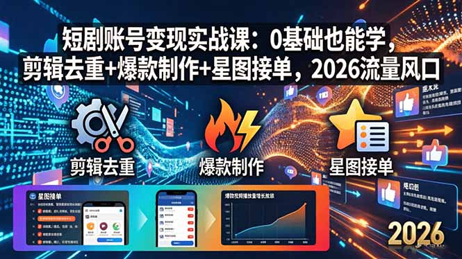 短剧账号变现实战课：0基础也能学，剪辑去重+爆款制作+星图接单，2026流量风口-KJ分享