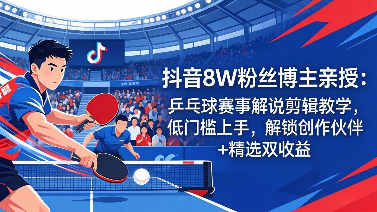 抖音8W粉丝博主亲授：乒乓球赛事解说剪辑教学，低门槛上手，解锁创作伙伴+精选双收益-KJ分享