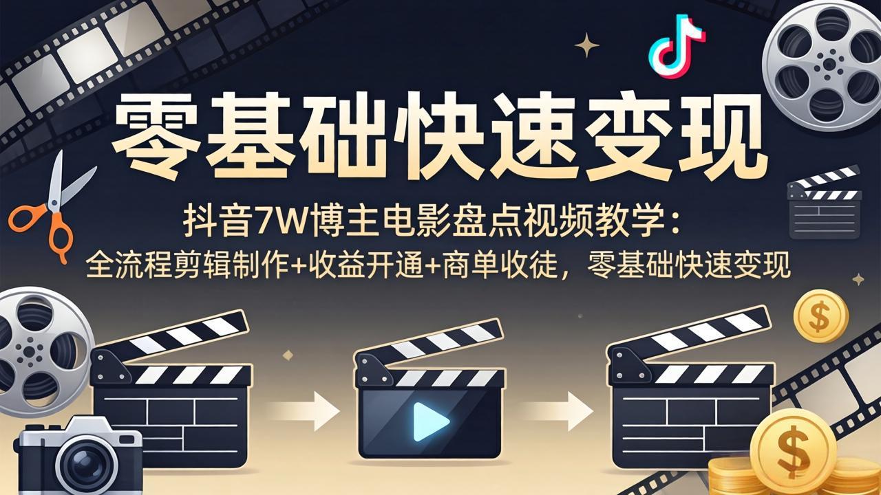 抖音7W博主电影盘点视频教学：全流程剪辑制作+收益开通+商单收徒，零基础快速变现-KJ分享