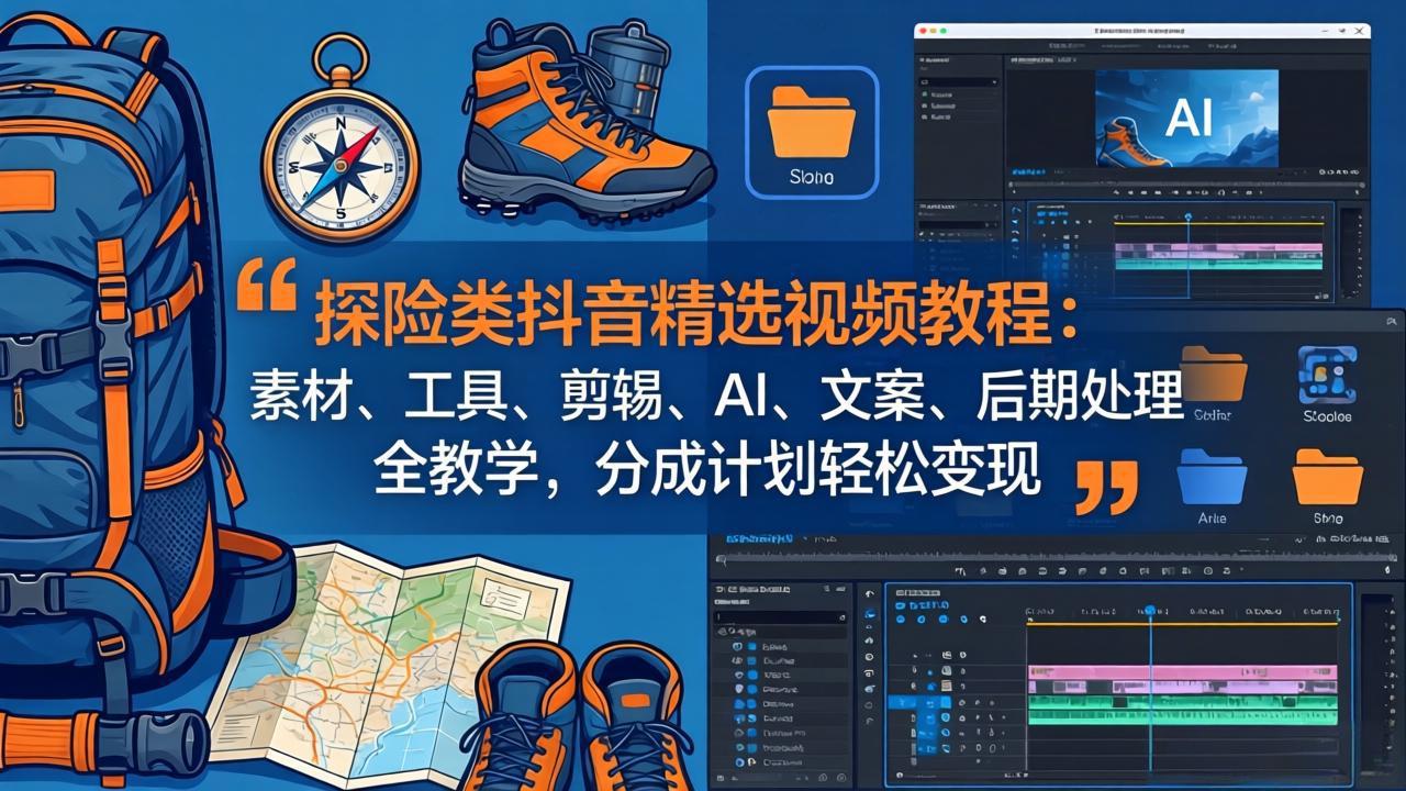 探险类抖音精选视频教程：素材、工具、剪辑、AI、文案、后期处理全教学，分成计划轻松变现-KJ分享