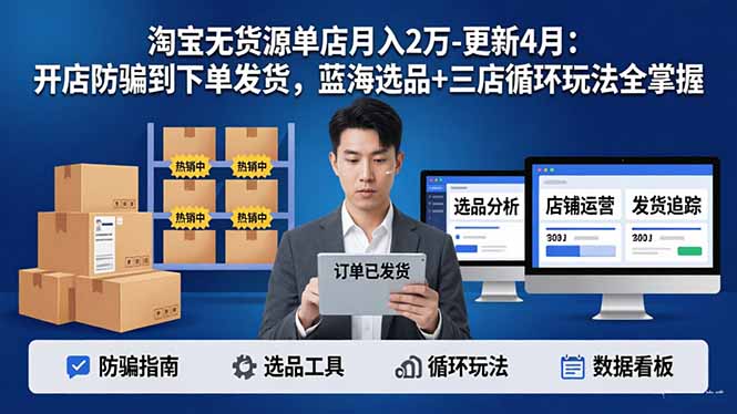 淘宝无货源5.0单店月入2万-更新4月：开店防骗到下单发货，蓝海选品+三店循环玩法全掌握-KJ分享