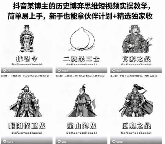 抖音某博主的历史博弈思维短视频实操教学，简单易上手，新手也能拿伙伴计划+精选独家收益-KJ分享