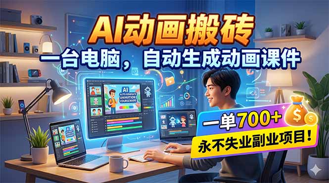 AI动画搬砖，一台电脑，自动生成动画课件，一单800+  永不失业副业项目！-KJ分享