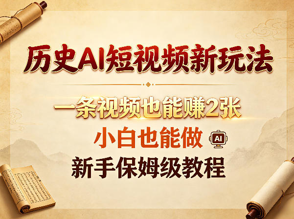 历史AI短视频新玩法，一条视频也能賺2张，小白也能做，新手保姆级教程-KJ分享