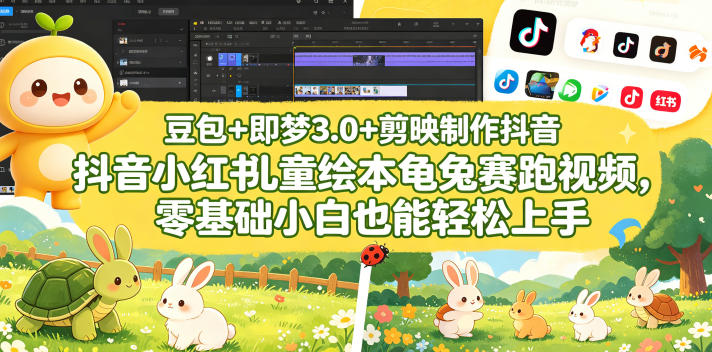 豆包＋即梦3.0+剪映制作抖音小红书儿童绘本龟兔赛跑视频，零基础小白也能轻松上手-KJ分享