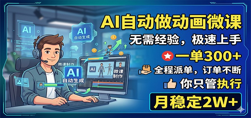 AI自动做动画微课,一单300+,全程派单,你只管执行,月稳定2W+-KJ分享